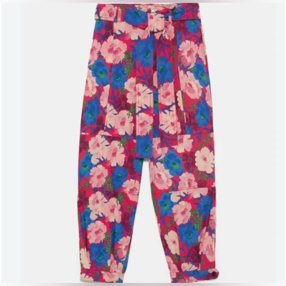 NWOT: Zara Floral Print Belted Pants - Multicolor